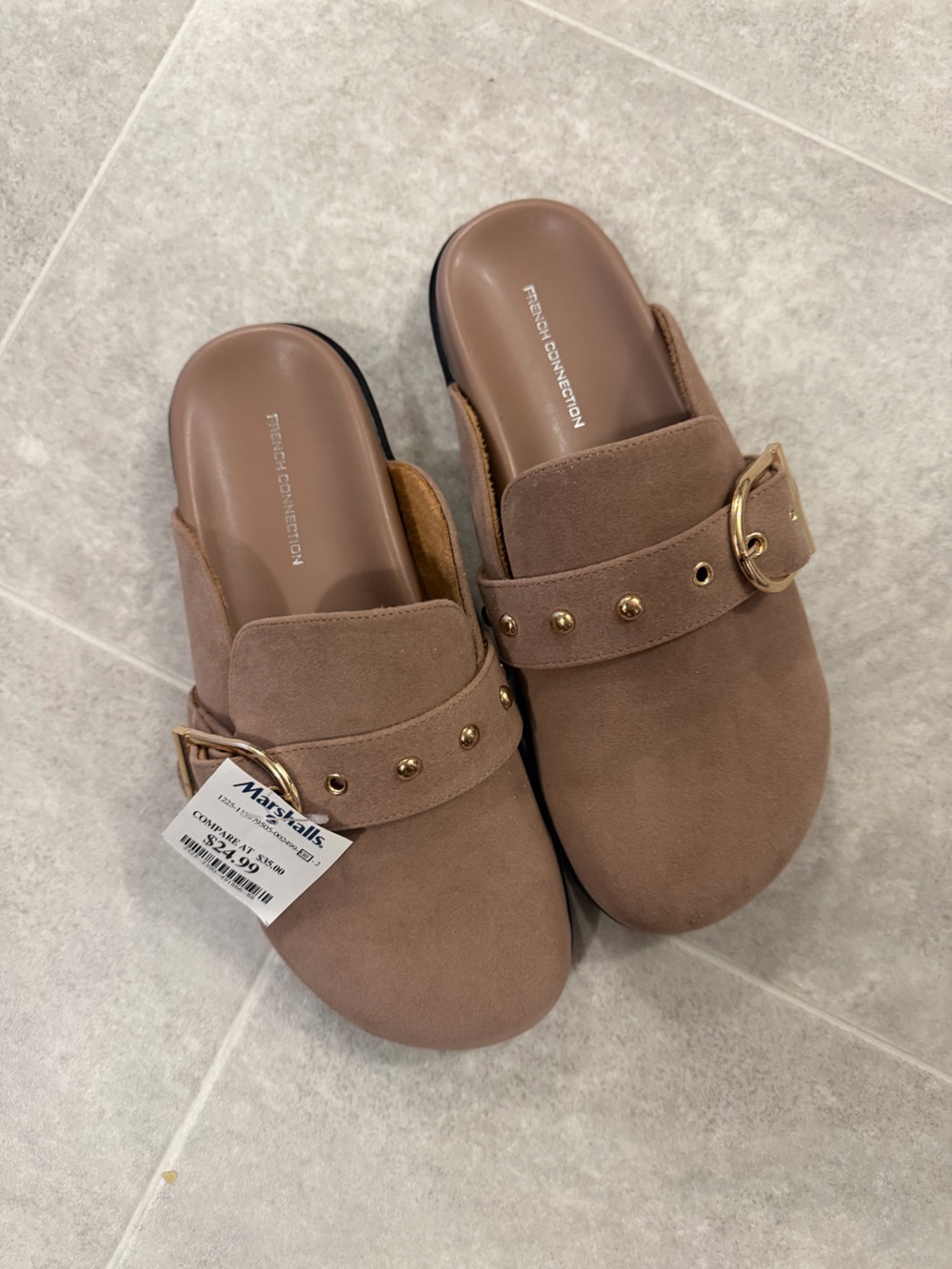 French Connection Taupe Suede-Look Buckle Mules with Gold Studs